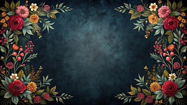 Artistic floral border with dark textured backdrop invoking mystery silhouette