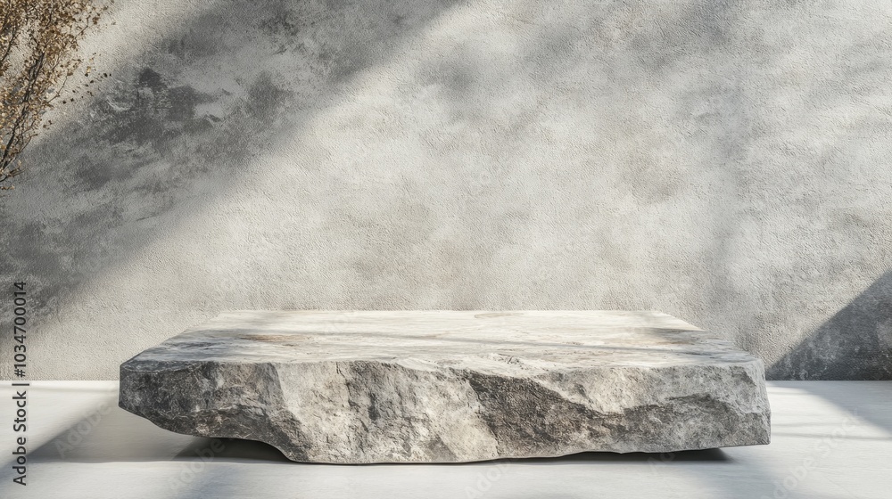Poster rough stone slab podium on a white concrete floor featuring textured blocks for object display in a 