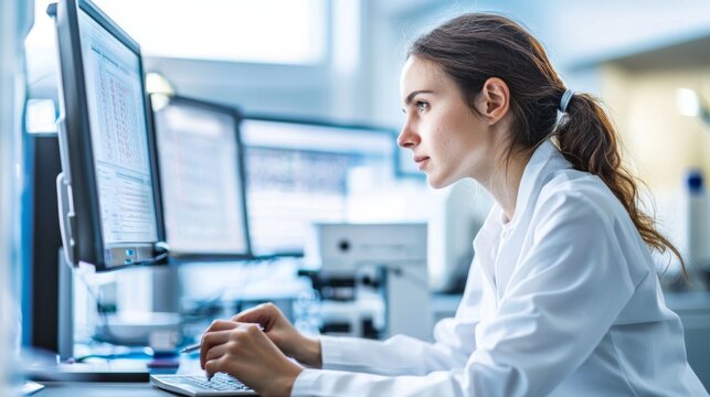 Pharmaceutical researchers in a lab analyzing molecular data for cancer treatment development