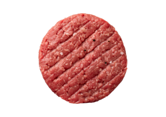 Beef patty top view full length isolated on transparent or white background