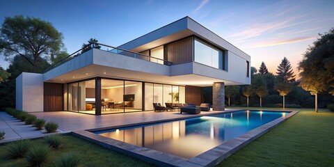 Fototapeta premium Modern Architectural Design Features a Spacious Outdoor Living Area with a Pool and Lush Greenery