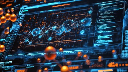 Graphical interface showing chemical reactions and interactions in drug research, futuristic biotech imagery