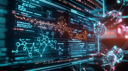 Graphical interface showing chemical reactions and interactions in drug research, futuristic biotech imagery