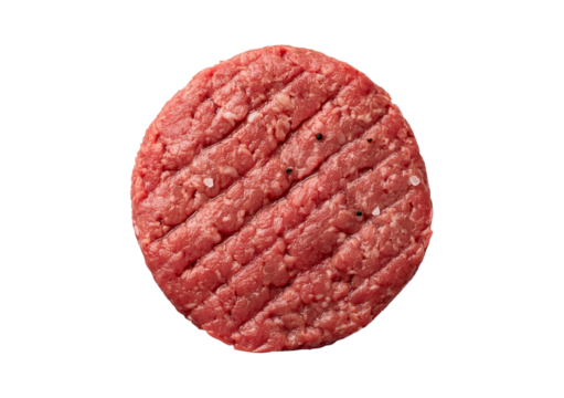 Beef patty top view full length isolated on transparent or white background
