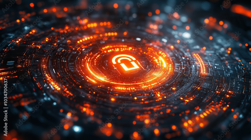 Poster an abstract representation of cybersecurity featuring digital lock symbolizing secure network system