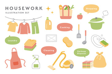 シンプルな家事のイラストセット　アイコン　料理　洗濯　掃除　買い出し　洗濯物　掃除機　家事代行　生活