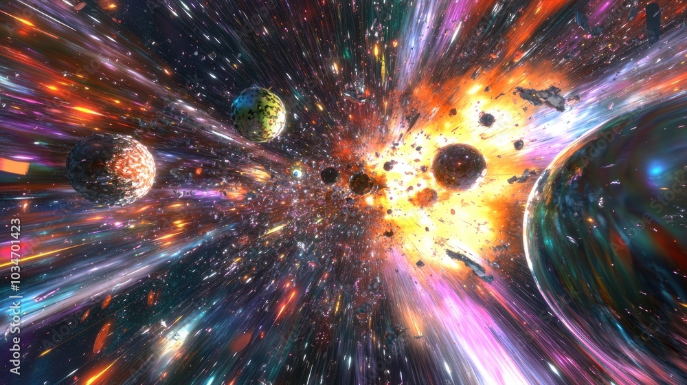 Poster 3d cartoon rendering featuring space travel at light speed with an abstract background and a large s