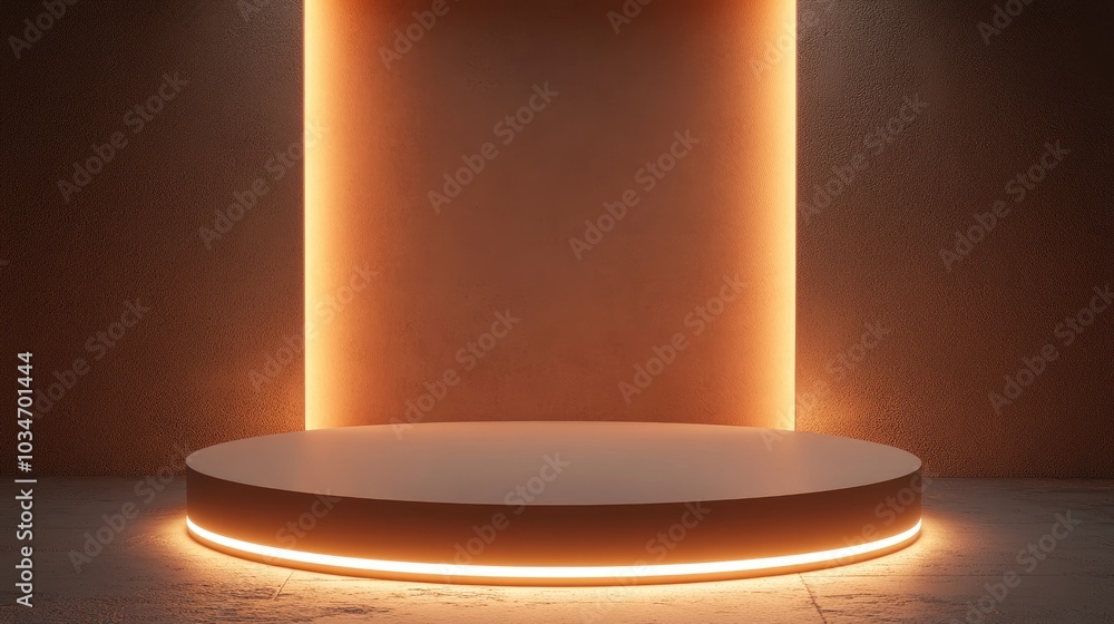 Poster display pedestal featuring a glowing platform with a blank product stand in a 3d rendering