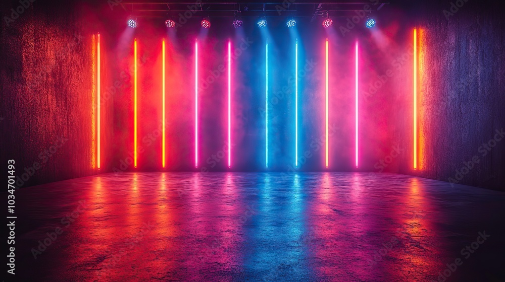 Poster an atmospheric empty stage set on dark floor illuminated by vibrant stage lights strategically place
