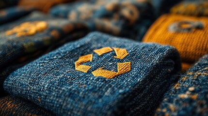 an assortment of eco friendly garments featuring recycle symbol promoting the concept of recycling textiles and embracing sustainable fashion practices