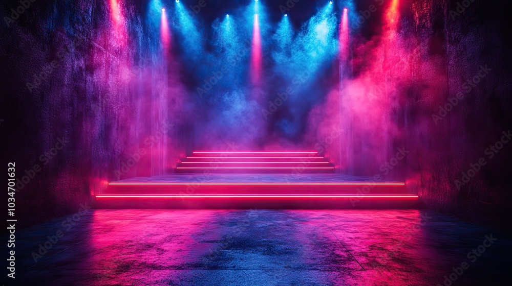 Poster an atmospheric empty stage set on dark floor illuminated by vibrant stage lights strategically place