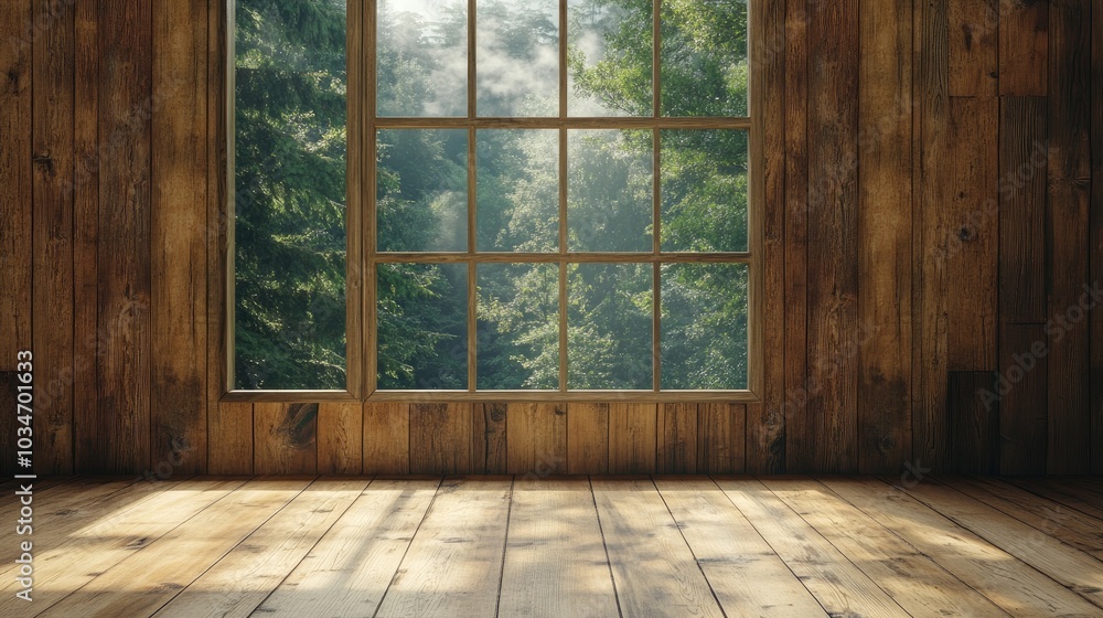 Poster 3d rendering of a wooden wall featuring a window overlooking a forest with clouds
