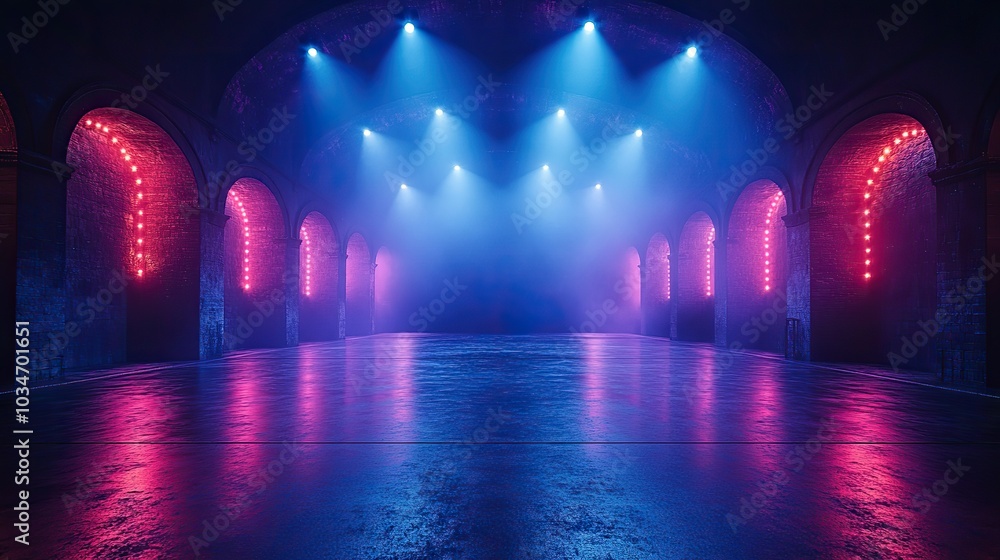 Poster an atmospheric empty stage set on dark floor illuminated by vibrant stage lights strategically place