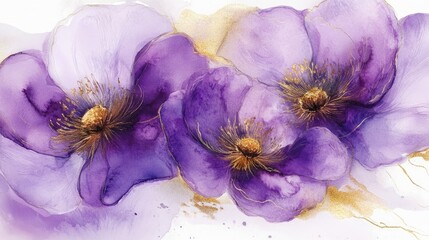 Abstract purple flowers with golden accents Hand painted watercolor illustration suitable for greeting card and invitation designs