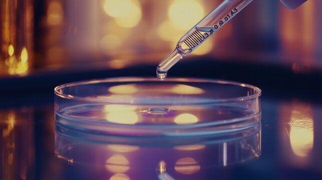 Pipette dripping liquid into a petri dish, highlighting laboratory research in drug development