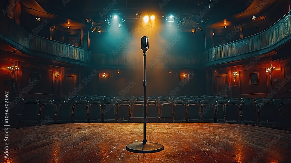 Poster an empty stage with single microphone stand at the center spotlight shining down in front of rows of