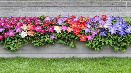 Lush and Vibrant Clematis Garden with Colorful Flowering Vines Climbing Up Walls in an Isolated Background  Scenic and Elegant Floral Display of a Thriving Clematis Plant in Bloom