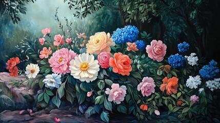 Oil painting depicting a stunning floral arrangement in a natural setting showcasing the elegance of flowers and their beauty in nature