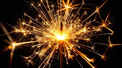 A single burning sparkler glows brightly in the darkness, its sparks a burst of golden fire against the black canvas of night.