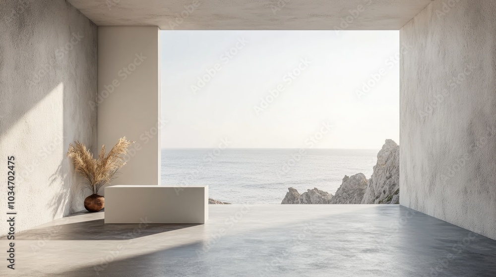 Poster contemporary minimalist interior featuring a coastal view 3d rendering clean backdrop with a display