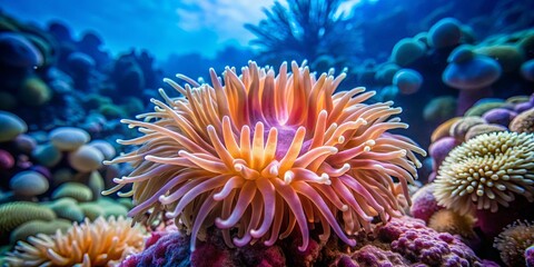 Obraz premium A vibrant sea anemone blooms in the coral reef, its delicate tentacles swaying in the gentle current, a testament to the beauty and fragility of the underwater world.