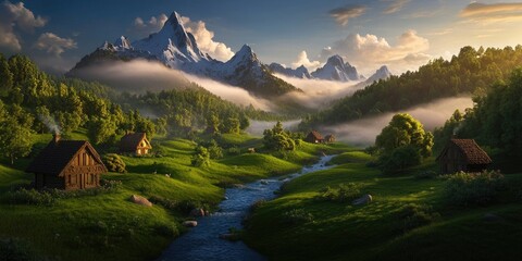 A scenic valley featuring misty alpine peaks, charming homes, and lush forests, capturing a romantic essence of comfort and nature, Misty Alpine Valley with Charming Homes and Lush Forests