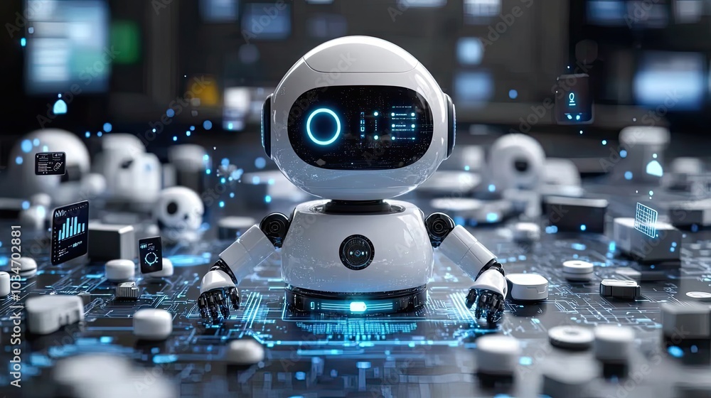 Poster an illustrated robot representing an ai assistant surrounded by various tech related items emphasizi