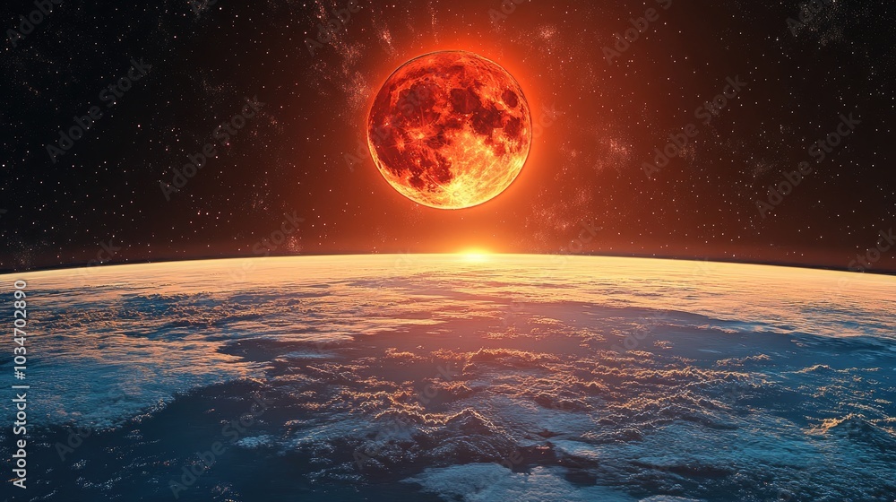 Poster red blood moon 3d cartoon rendering with a super moon visible in the sky from a space perspective