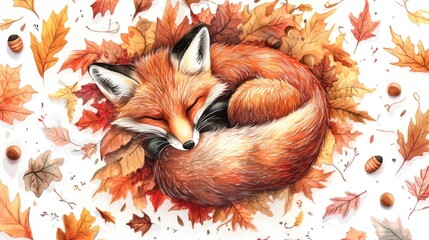 Fototapeta premium A watercolor depiction of a fox nestled within a vibrant swirl of autumn leaves and acorns featuring a white background and ample copy space