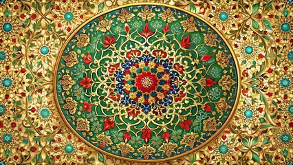Obraz premium Ornate Circular Pattern with Intricate Floral Motifs, Gilded Accents, and Jewel-toned Elements