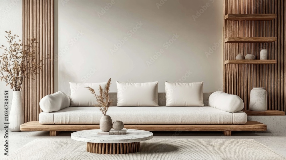 Poster 3d rendering of a modern living room interior featuring a white and wooden color scheme a sofa shelf