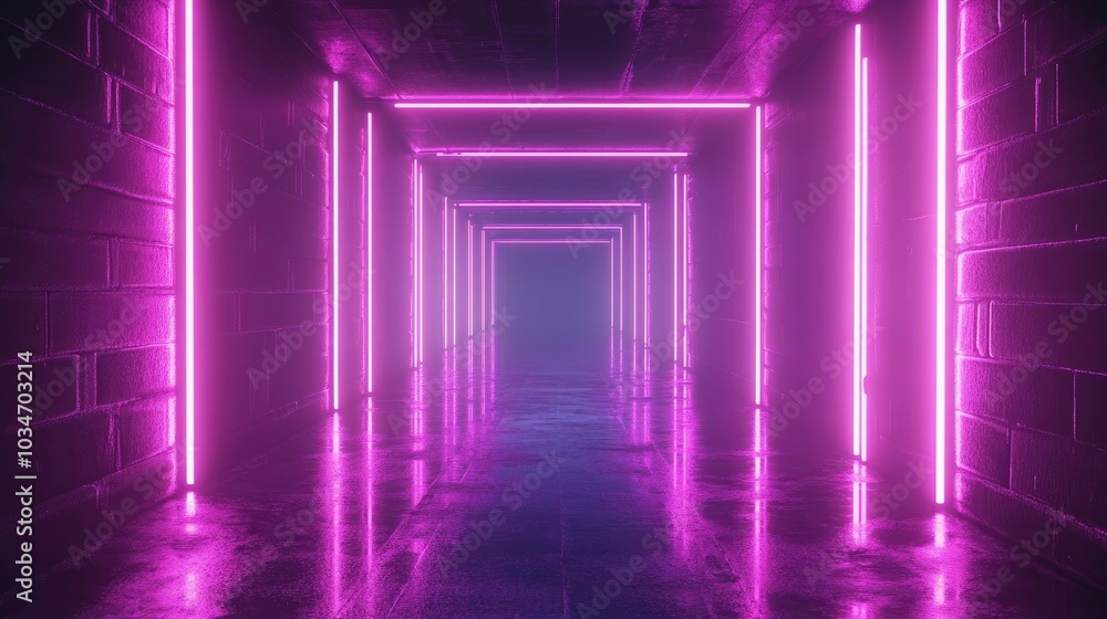Poster neon glowing lines in a dark tunnel with reflections on the floor and ceiling an empty central backg