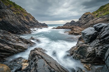 Obraz premium A rugged coastline with jagged rocks and dramatic cliffs, with waves crashing against the shore. 