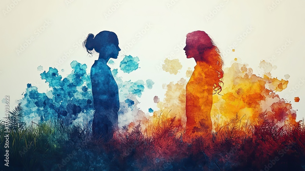 Poster an image illustrating the concept of conflict mediation showcasing two individuals or groups with op
