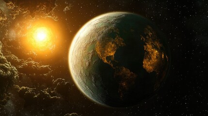 Fototapeta premium Rendering of a 3D cartoon representation of a terrestrial planet characterized by a thin atmosphere featuring craters volcanoes valleys and deserts positioned near the Sun