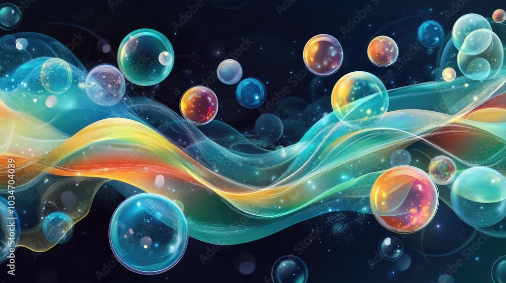 Poster stylized background featuring abstract waves and vibrant bubbles with a flowing design