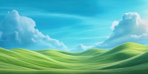 Obraz premium Vast grassland under a clear blue sky, Expansive green field beneath a bright blue sky