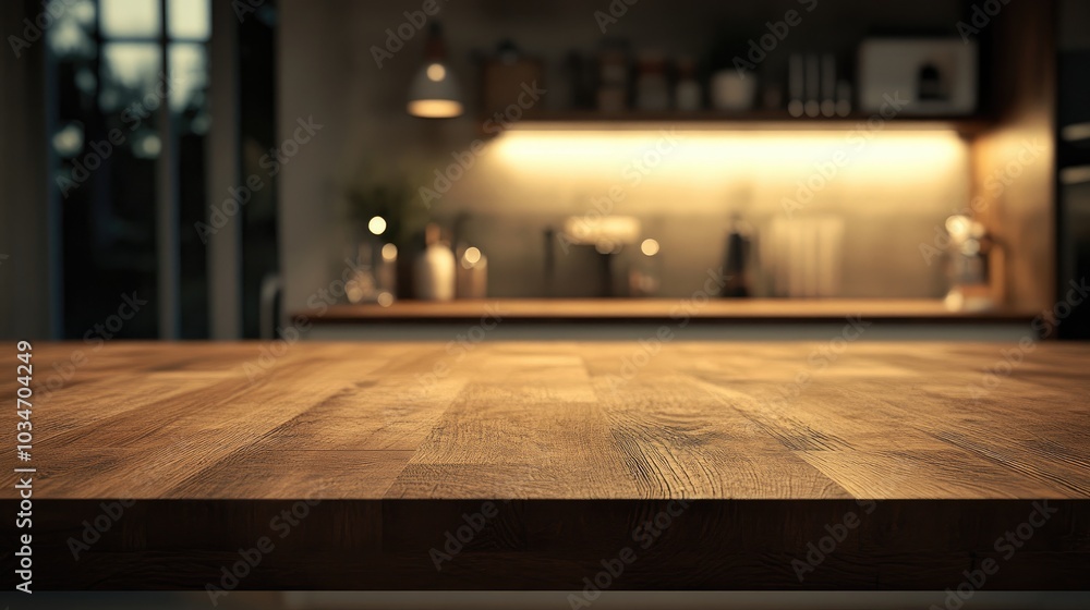 Poster 3d rendering of a kitchen table backdrop featuring a wooden countertop against a blurred clean abstr