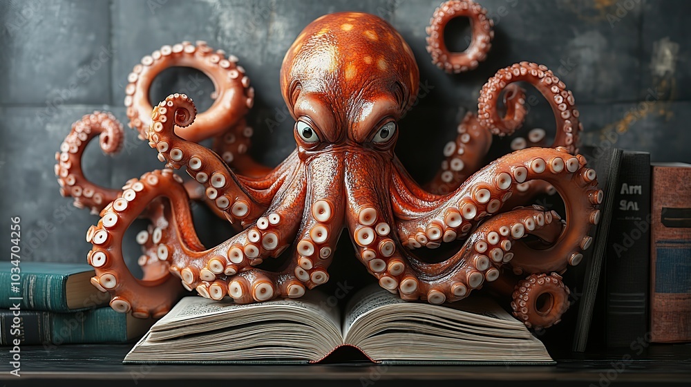 Poster an octopus juggling multiple tasks symbolizing multitasking skills with books and gadgets.illustrati