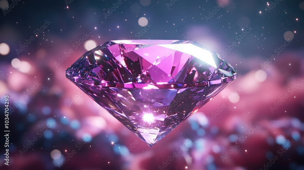 Aufkleber floating pink and purple glass diamond in space 3d cartoon rendering with shining sparkles and abstr