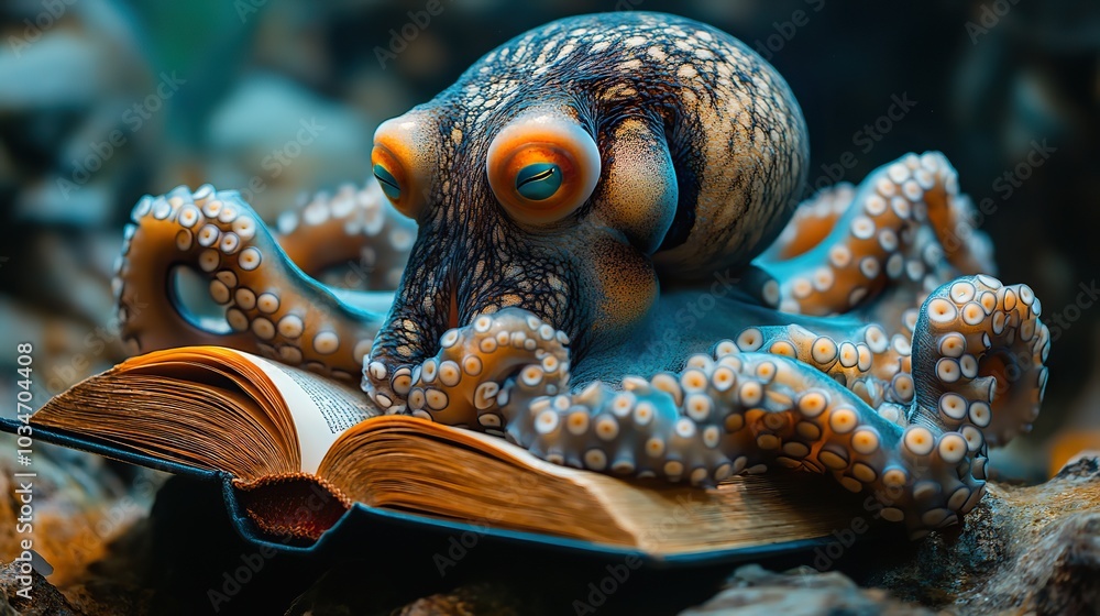 Poster an octopus reading book symbolizes multitasking and efficient task management.stock image