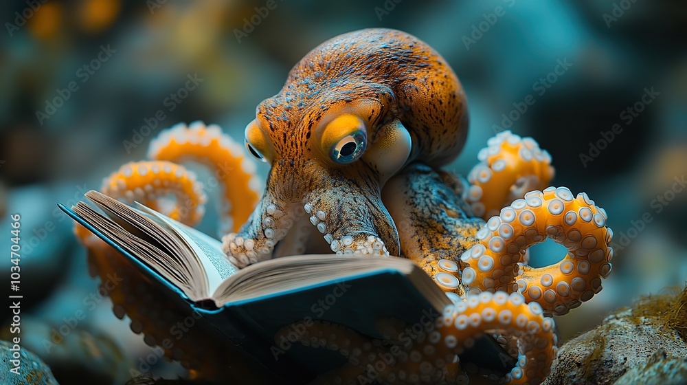 Poster an octopus reading book symbolizes multitasking and efficient task management.image