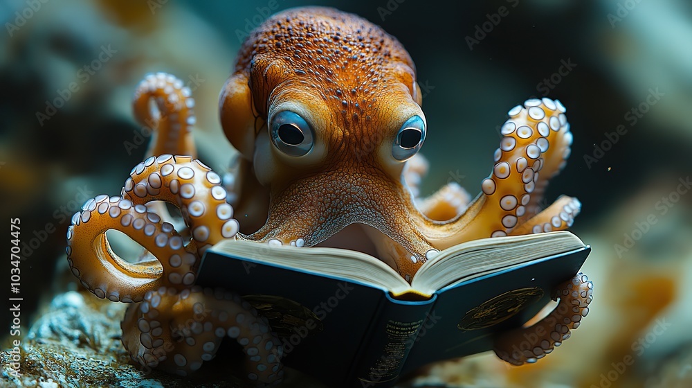 Poster an octopus reading book symbolizes multitasking and efficient task management