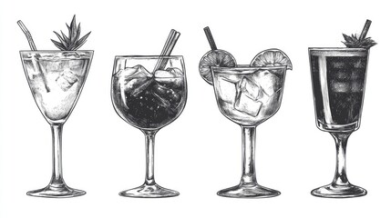 Illustration of various cocktails depicted in a sketchy black and white style The file includes four distinct 2D cartoon illustrations suitable for diverse applications