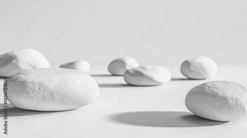 Poster composition of white stones on a minimal background for product display 3d rendering
