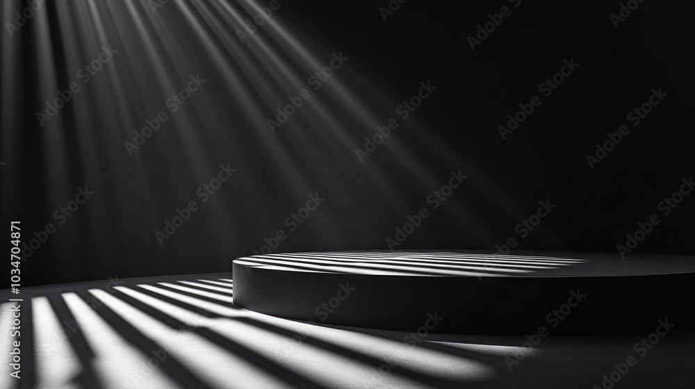 Poster 3d rendering of a black abstract table stage featuring light beams and shadows designed for product 