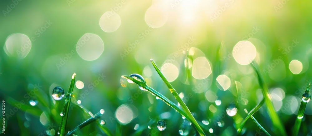Aufkleber dew drop on the green grass and abstract bokeh background