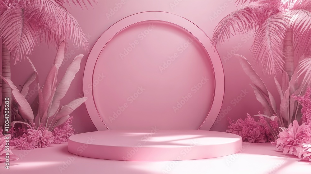 Poster pink abstract background featuring a cylindrical podium and frame in a 3d render