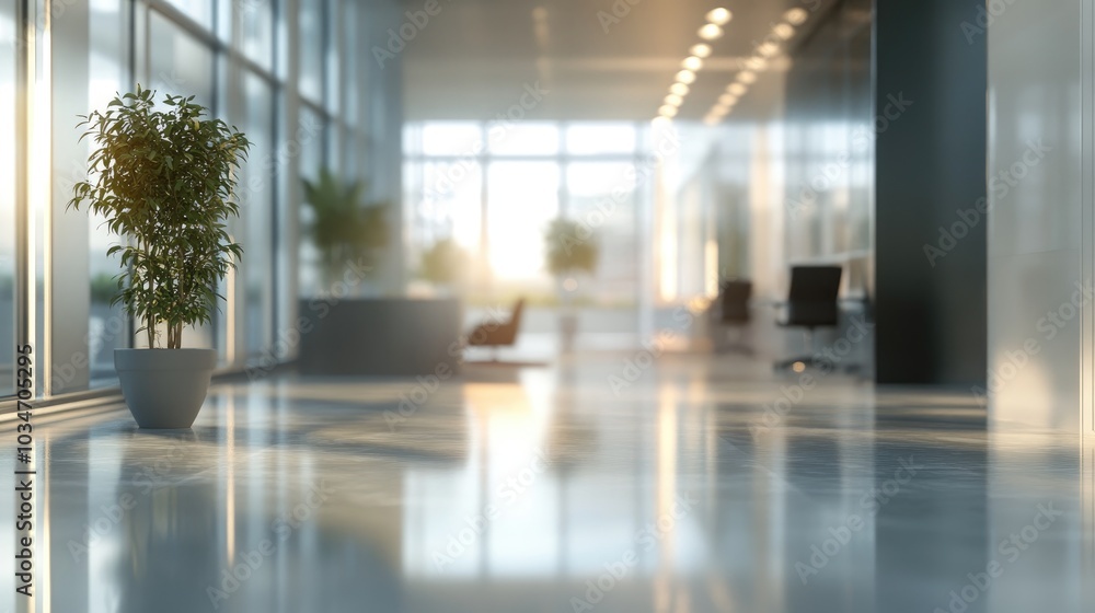Poster 3d rendering of a blurred office background featuring a modern business hall with light reflections 