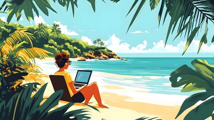 Woman Working on Tropical Beach, Embracing Remote Work Lifestyle in Paradise Setting